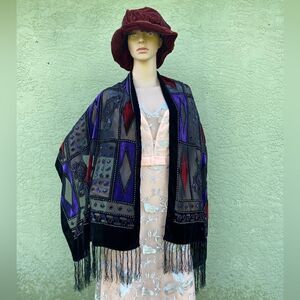NWOT Black Velvety Scarf w/Purple& Red Sheer Cutout w/Peacock Scarf w/Fringe